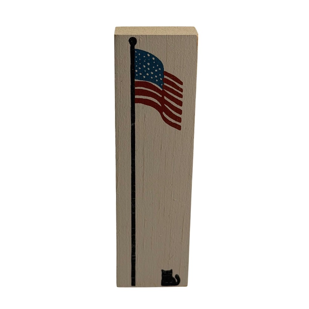VTG Cat's Meow Village American Flag Pole Wood Block Shelf Sitter Cream Red Blue